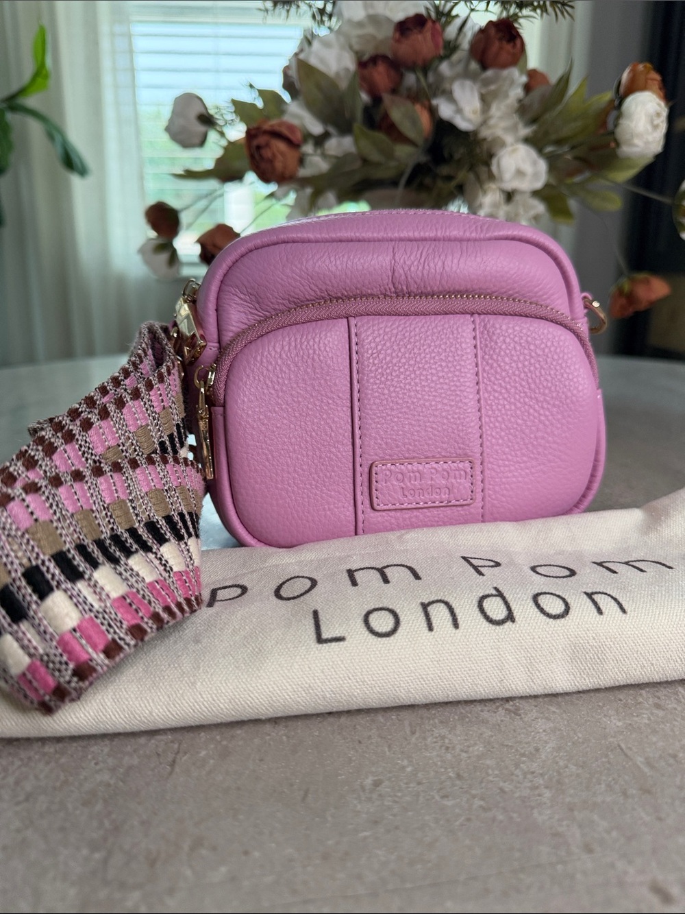Pom Pom London Pink Leather Mini Crossbody Camera Bag Woven Strap + Dust Bag